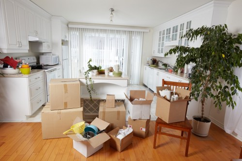 Business relocation process with boxes and desks ready for transport