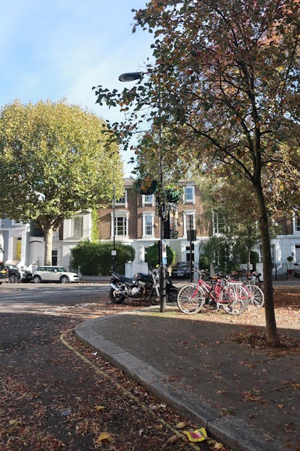 Photograph of a residential street scene in Finsbury Park, showing a pavement with two pink bicycles and a black motorcycle parked next to a lamppost. The lamppost is surrounded by a small area of paved surface, with a tree on the right side and another tree on the left side of the image, both with leaves in autumnal colors. Behind the lamppost, there are parked cars lining the street, with multi-story terraced houses featuring white and brick facades in the background. The scene is well-lit with natural daylight, with a partly cloudy sky visible overhead. This setting is indicative of an urban area suitable for house removals or furniture transport, potentially involving loading or unloading activities for a residential move, as managed by professional services such as Man and Van Finsbury Park.