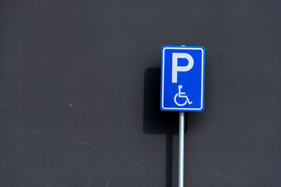A blue rectangular parking sign with a white letter 'P' and a wheelchair symbol indicating accessible parking is mounted on a metal post against a dark grey wall. The sign is positioned in an outdoor
